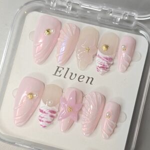 Pink Beach Style Handmade Almond Shape Press On Nails Art Set